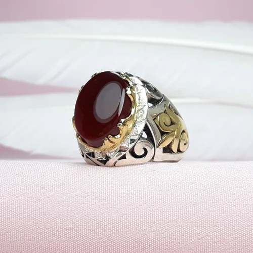 انگشترنقره عقیق یمنی کبدی درجه یک رکاب دست ساز تاج برنجی