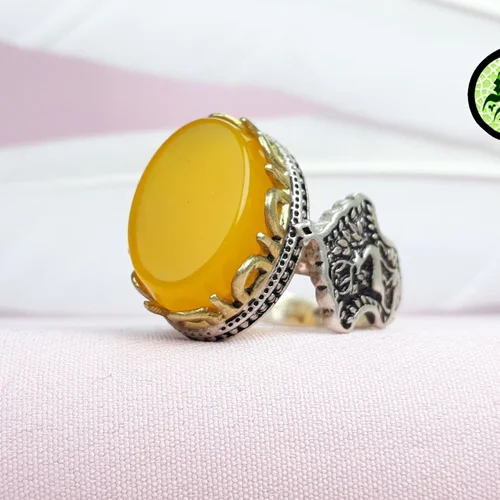 انگشترنقره عقیق زرد شرف الشمس اصل(دعای شرف الشمس)بغل رکاب نقش گوزن