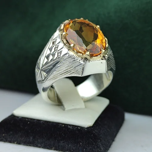 انگشتر نقره سیترین طلایی اصل  مخراج ده قطعه برلیان اصل رکاب فیلی چنگی دست ساز  آینه کاری شده