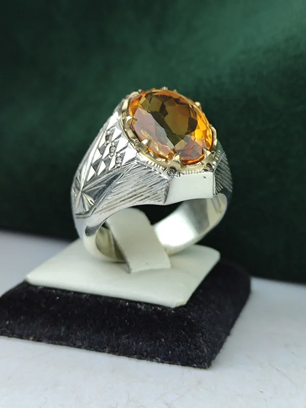 انگشتر نقره سیترین طلایی اصل  مخراج ده قطعه برلیان اصل رکاب فیلی چنگی دست ساز  آینه کاری شده