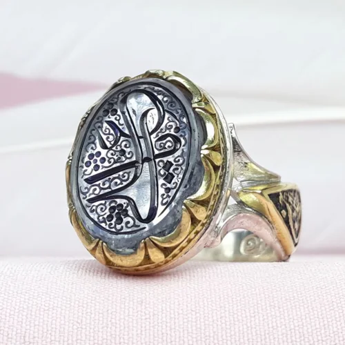 انگشتر نقره درنجف اصل خطی حکاکی یا علی رکاب تاج برنجی