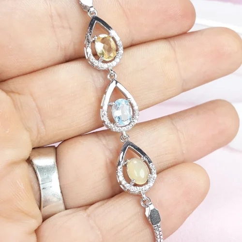 دستبند نقره سه نگین جواهری( اپال ،توپاز ،کوارتز) روکش اب رادیوم