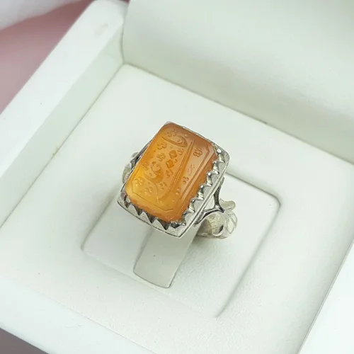 انگشترنقره عقیق یمنی پرتقالی حکاکی یا علی رکاب دست ساز