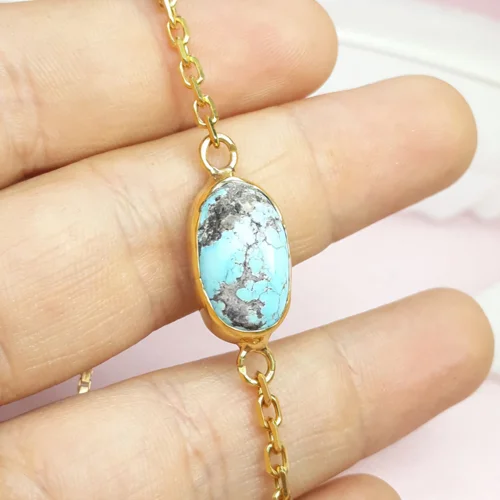 دستبند زنانه فیروزه نیشابور اصل ابکاری طلایی قفل اسانسوری