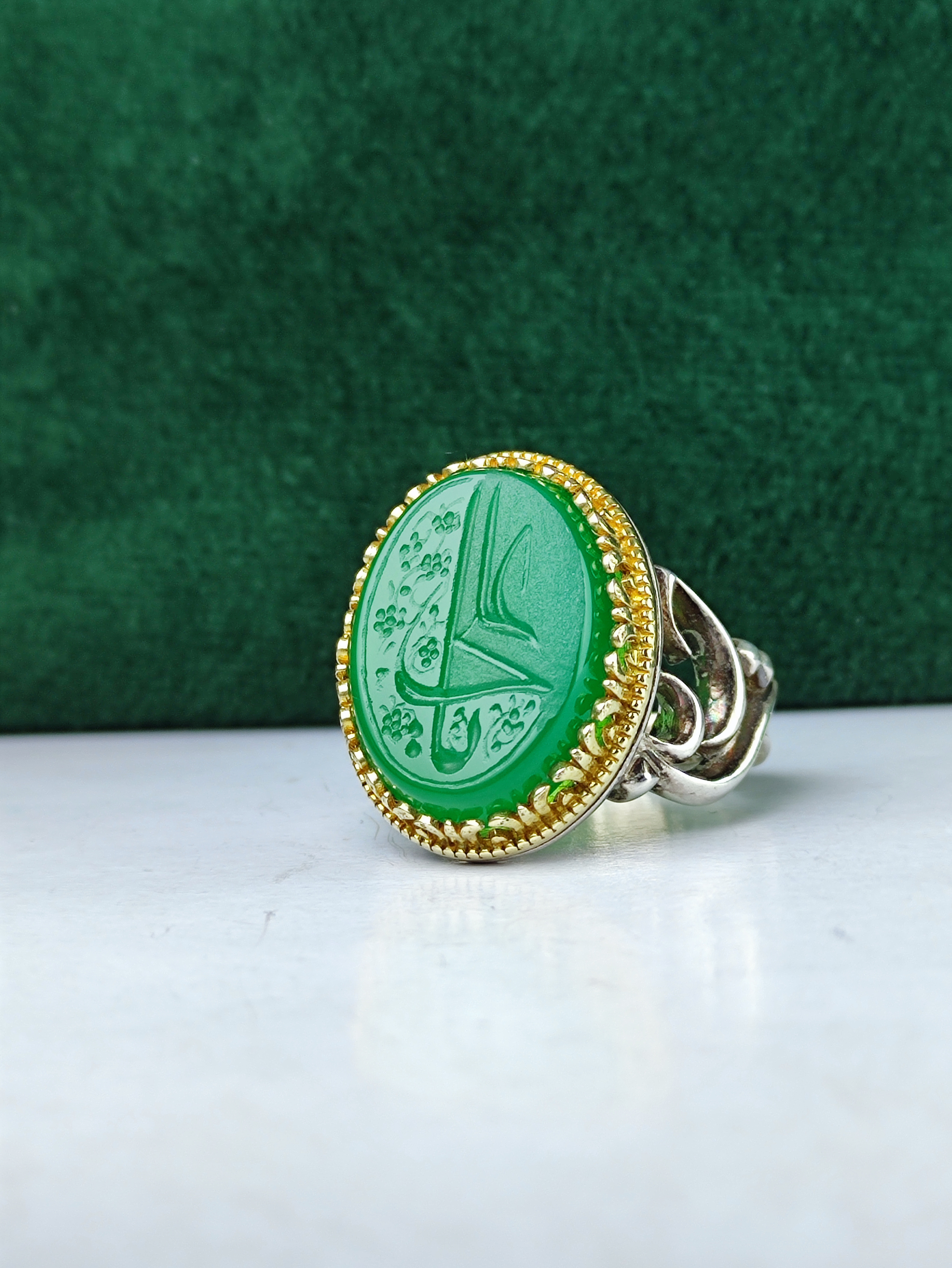 انگشترنقره عقیق سبز حکاکی یا علی(ع)رکاب صفوی چنگی طرح یاحسین(ع)