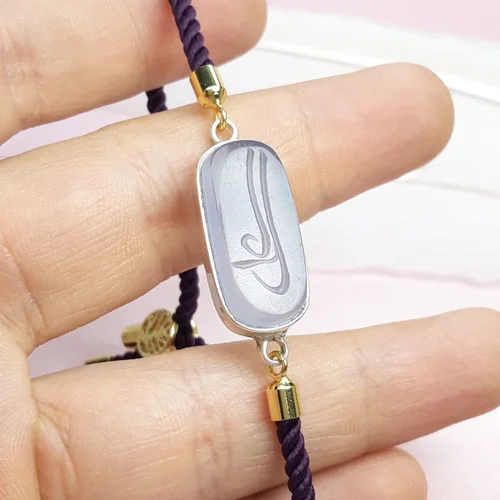 دستبند عقیق کبود خطی قاب نقره دست ساز بند بافت بنفش تراش کپسولی