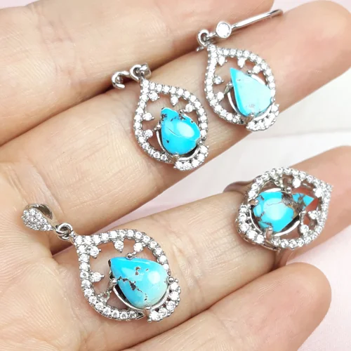 نیم ست نقره زنانه فیروزه نیشابور اصل تراش اشکی