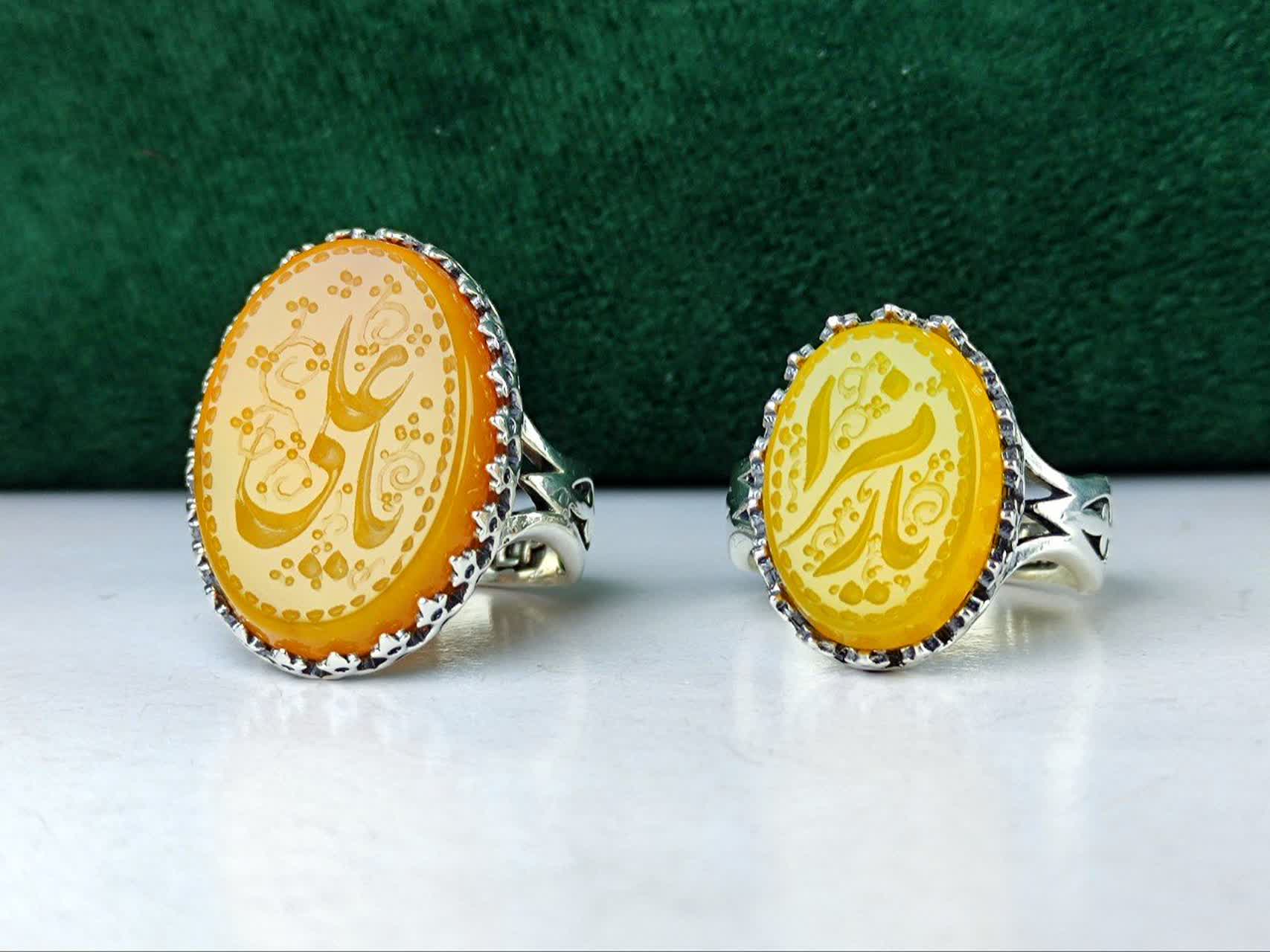 انگشتر نقره ست مردانه و زنانه عقیق زرد حکاکی یا علی (ع) و یا زهرا (س) رکاب صفوی چنگی ، ماشینی