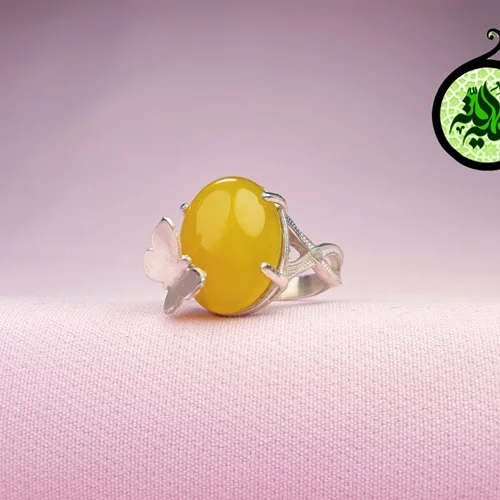 انگشترنقره عقیق زرد شرف الشمس اصل زنانه (دعای شرف الشمس) طرح پروانه ای بازو ضربدری
