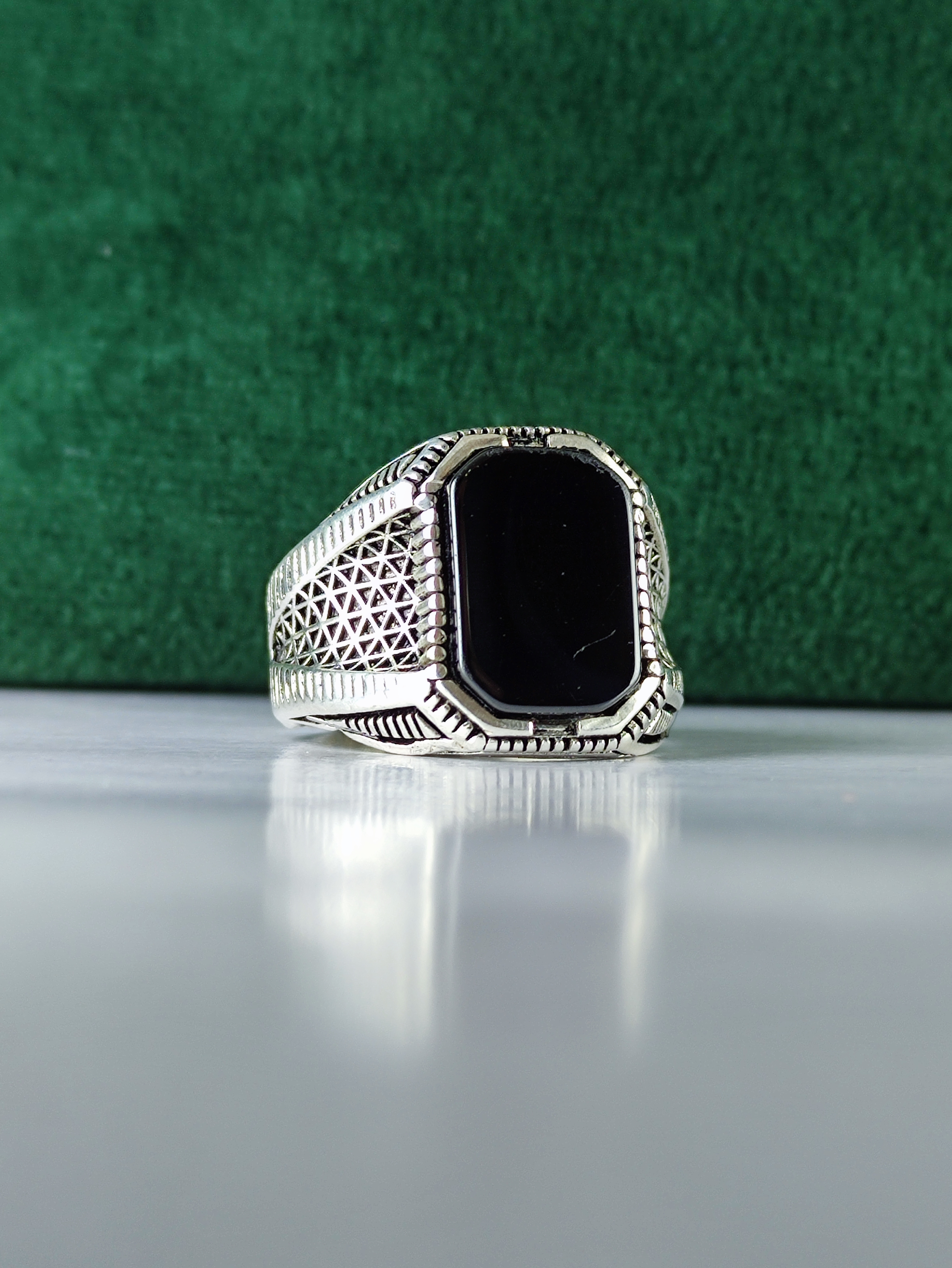 انگشتر نقره عقیق مشکی هشت گوش  رکاب اسپرت ترک