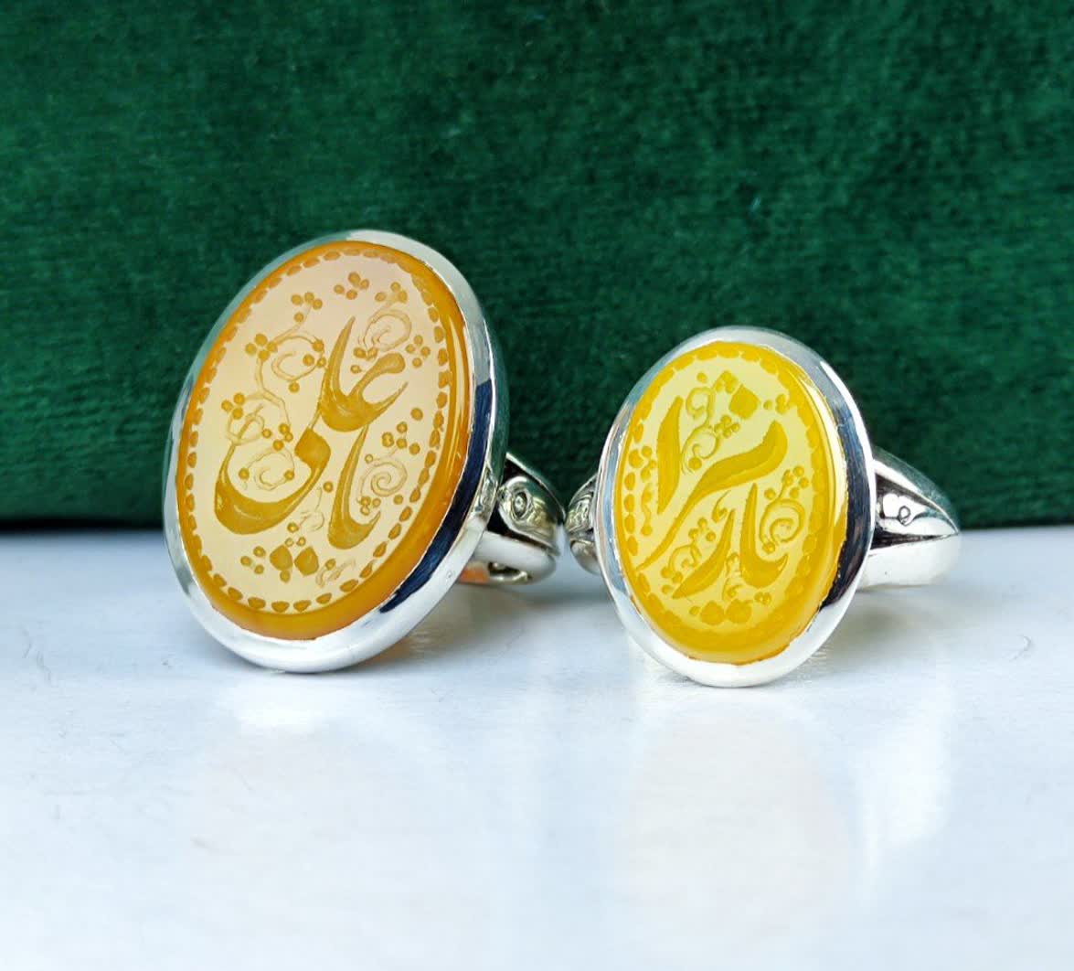 انگشتر نقره ست مردانه و زنانه عقیق زرد حکاکی یا علی (ع) و یا زهرا (س) رکاب صفوی ، ماشینی