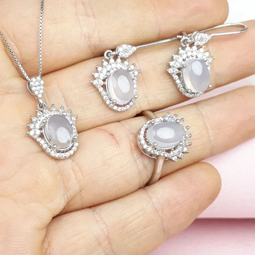 نیم ست نقره زنانه عقیق یمنی سوسنی روکش اب رادیوم همراه زنجیر