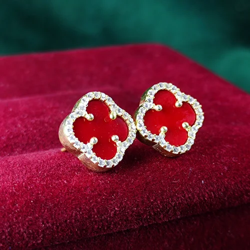 گوشواره نقره جواهری ونکلیف قرمز آبکاری رادیوم طلایی