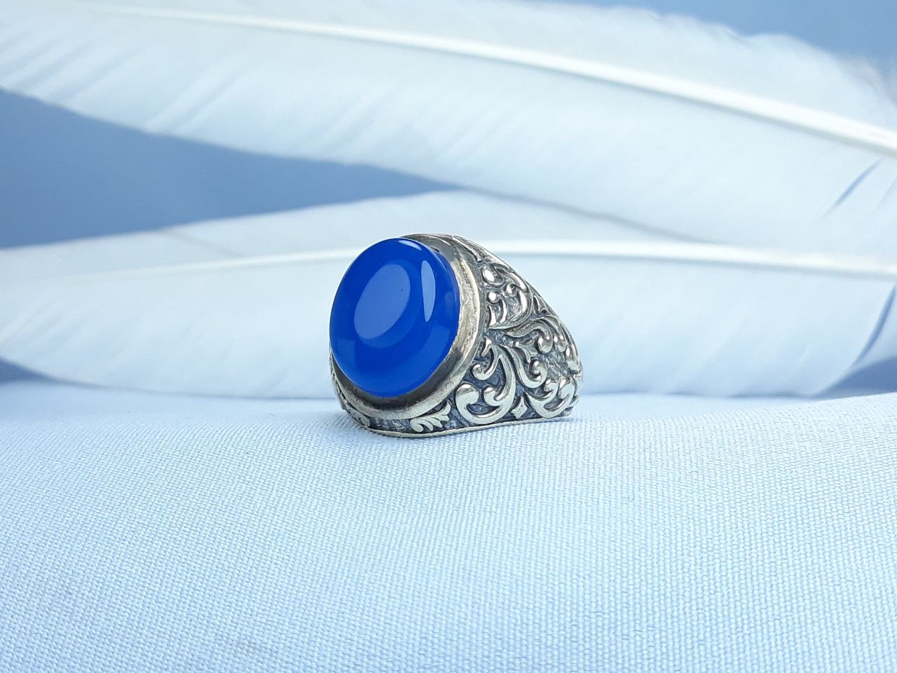 انگشتر نقره اسپرت عقیق آبی رامله  رکاب ماشینی