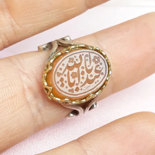 انگشتر نقره عقیق یمنی پرتقالی خطی خط یا ابا عبدالله تاج برنجی