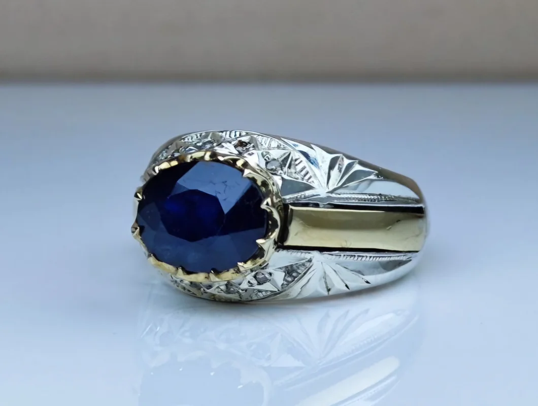 انگشتر نقره یاقوت کبود آفریقایی اصل رکاب دست ساز تاج برنجی