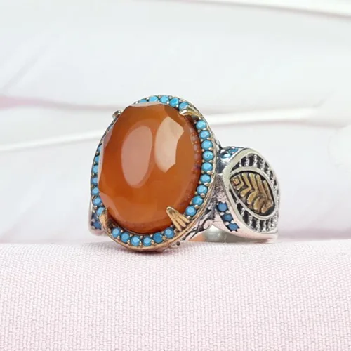 انگشتر نقره عقیق یمنی پرتقالی اسپرت تراش الماسی