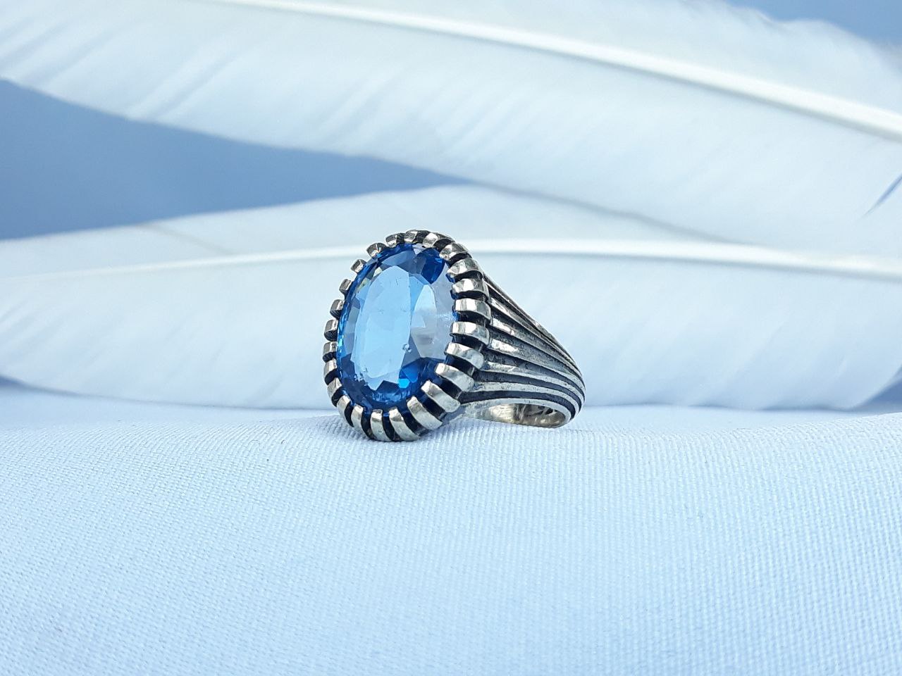 انگشتر نقره طرح یاقوت کبود  رکاب ماشینی