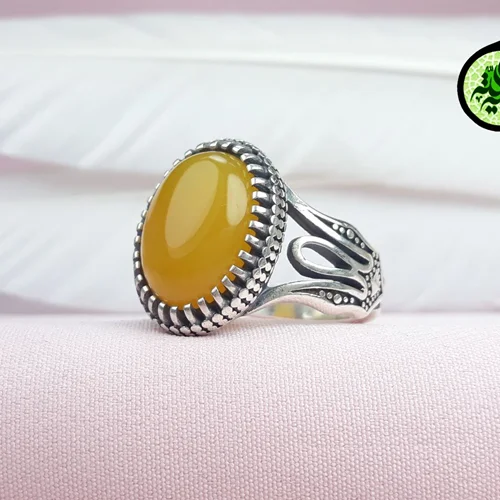 انگشترنقره عقیق زرد شرف الشمس اصل(مزین به دعای شرف الشمس)رکاب طرح لاله