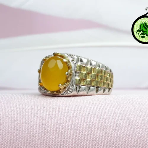 انگشترنقره عقیق زرد شرف الشمس اصل(مزین به دعای شرف الشمس)رکاب طرح رولکسی