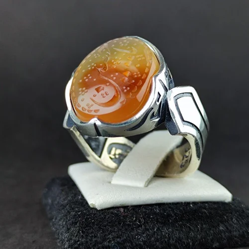 انگشترنقره عقیق یمنی اصل حکاکی یا حسین رکاب صفوی چهارچنگ قلم زنی