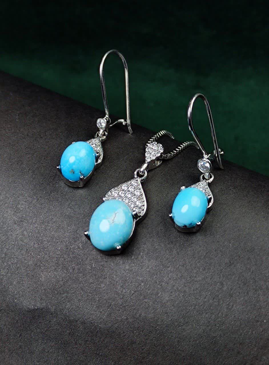 نیم ست نقره جواهری فیروزه نیشابوری اصل (بدون زنجیر) زنانه