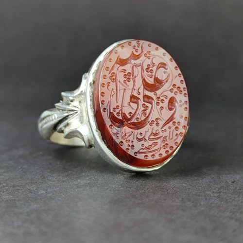 انگشترنقره عقیق سرخ یمنی اصل حکاکی علی ولی الله رکاب دست ساز صفوی