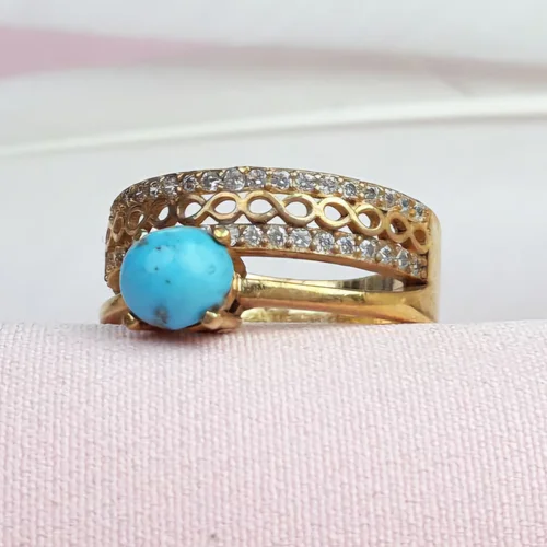 انگشتر نقره فیروزه نیشابور اصل زنانه رکاب تایلندی آبکاری طلایی