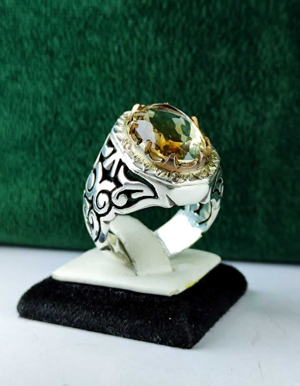 انگشتر نقره سیترین طلایی اصل مخراج شش قطعه برلیان اصل رکاب فیلی چنگی دست ساز  آینه کاری شده