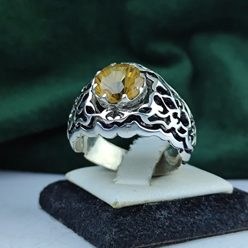 انگشتر نقره سیترین اصل تراش لیزری  رکاب فیلی چنگی دست ساز