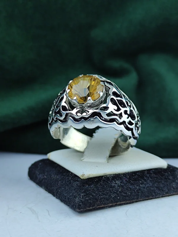 انگشتر نقره سیترین اصل تراش لیزری  رکاب فیلی چنگی دست ساز