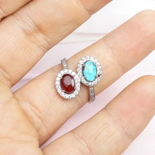 انگشترنقره دو نگین زنانه عقیق یمنی و فیروزه نیشابوری اصل روکش آب رادیوم