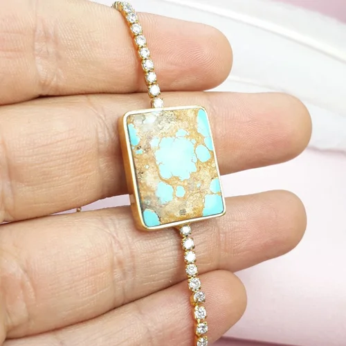 دستبند فیروزه نیشابوری اصل زنانه آبکاری طلایی