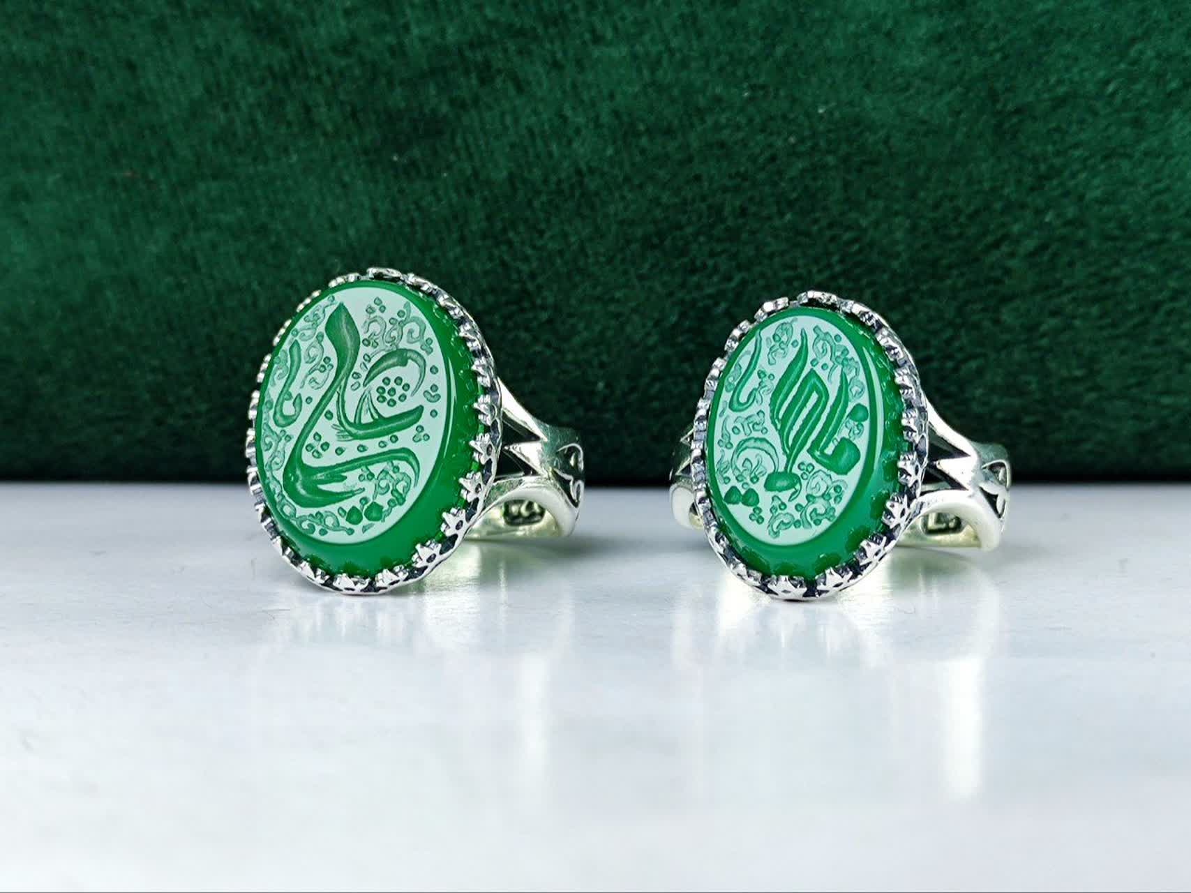 انگشتر نقره ست مردانه و زنانه عقیق سبز  حکاکی یا علی (ع) و یا فاطمه (س) رکاب صفوی چنگی ، ماشینی