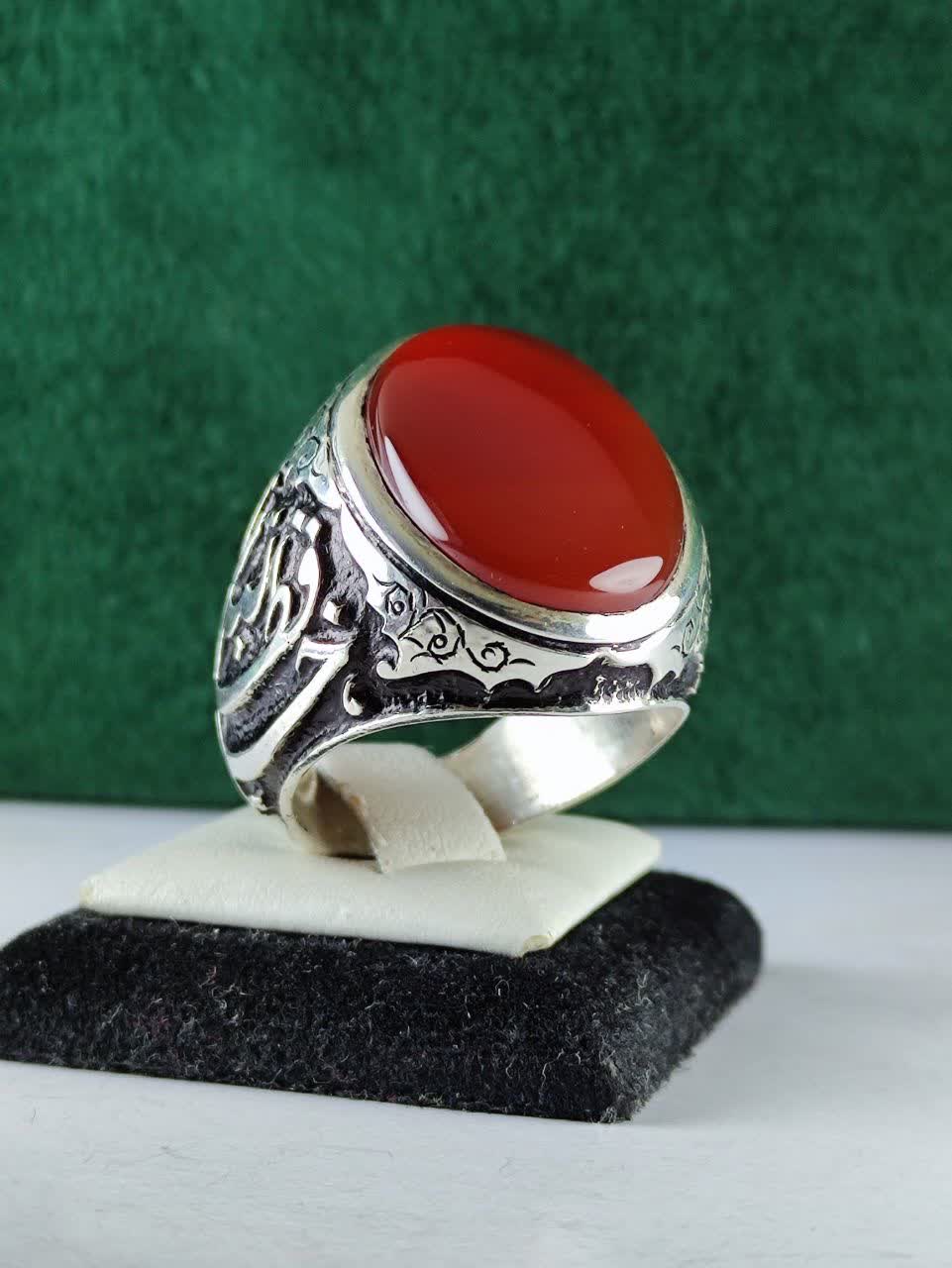 انگشتر نقره عقیق یمنی اصل  رکاب فیلی دست ساز  قلمزنی شده دستی