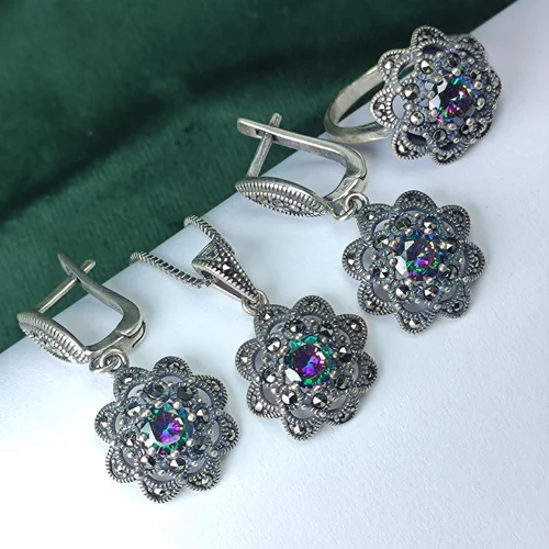 نیم ست نقره مارکازیت توپاز هفت رنگ تراش گرد