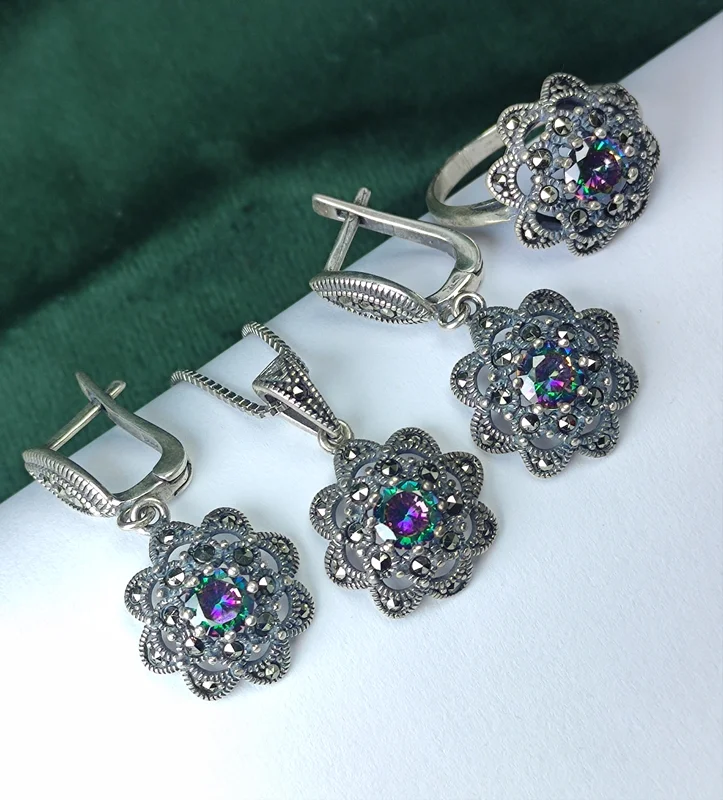 نیم ست نقره مارکازیت توپاز هفت رنگ تراش گرد