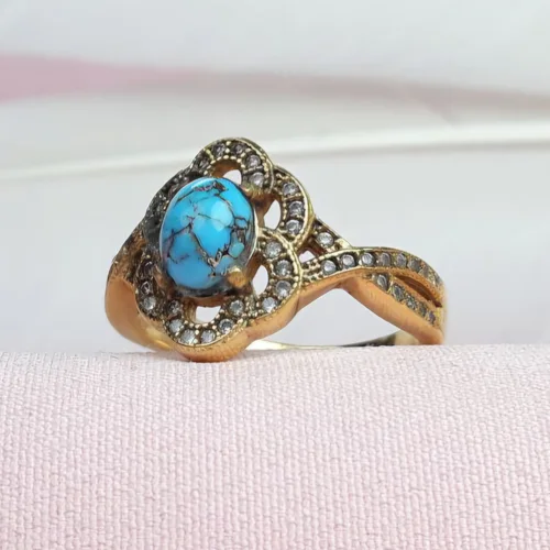 انگشترنقره فیروزه نیشابوری اصل زنانه طرح مارکازیت آبکاری طلایی