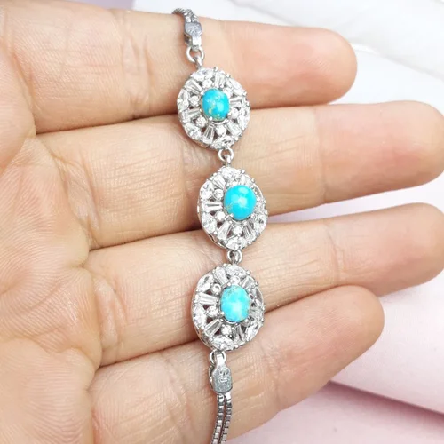 دستبند نقره فیروزه نیشابور اصل سه نگین روکش آب رادیوم