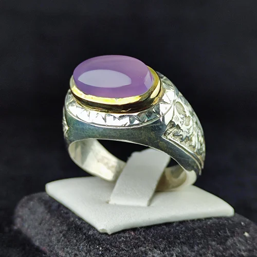 انگشتر نقره عقیق یمن سوسنی اصلی رکاب فیلی دست ساز قلمزنی لیزری و آینه کاری شده