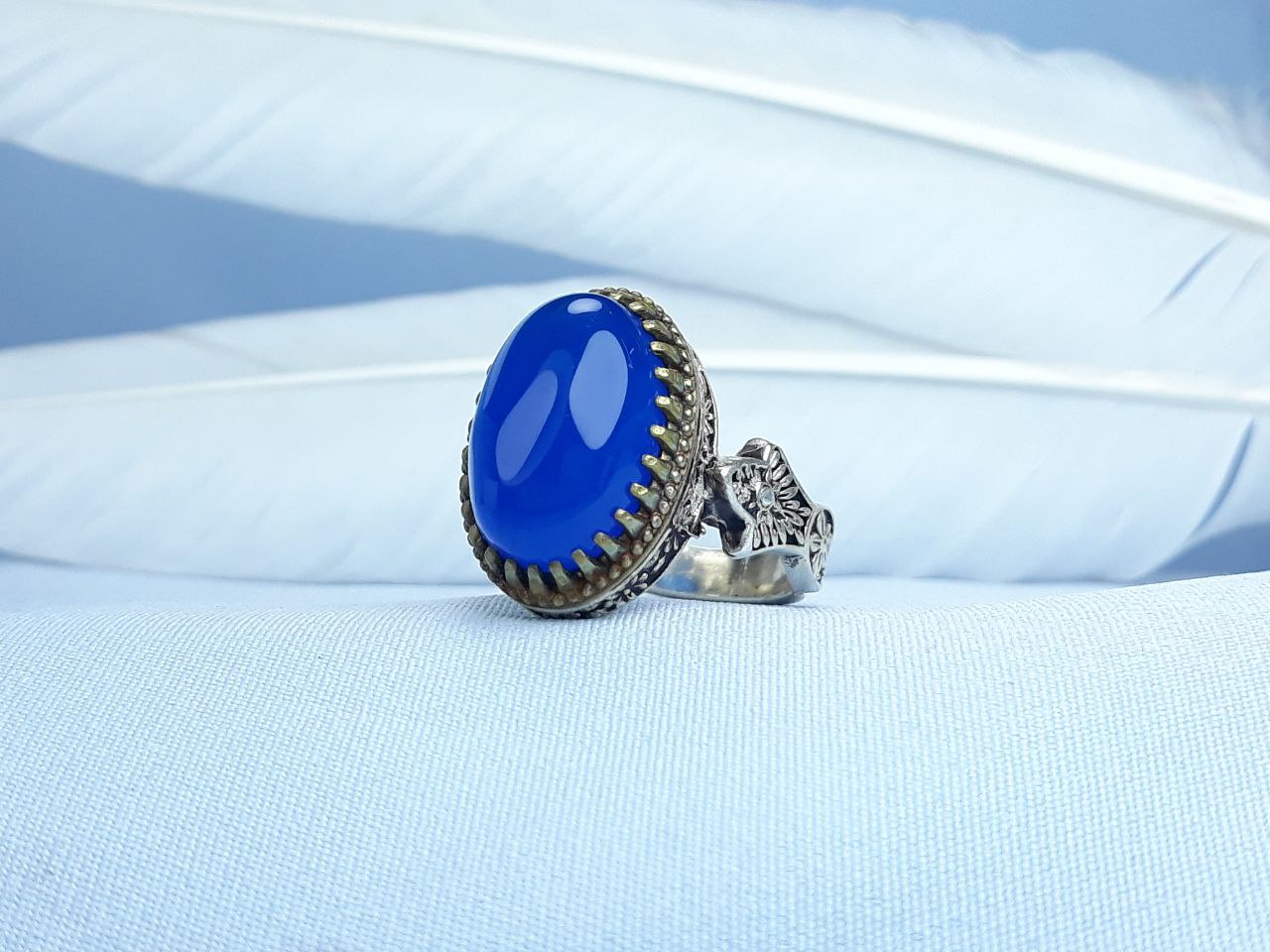انگشتر نقره اسپرت عقیق آبی رامله  رکاب ماشینی