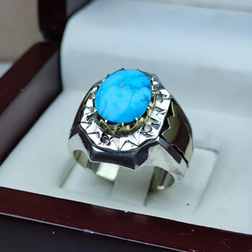 انگشتر نقره فیروزه نیشابوری اصل رکاب دست ساز تاج برنجی