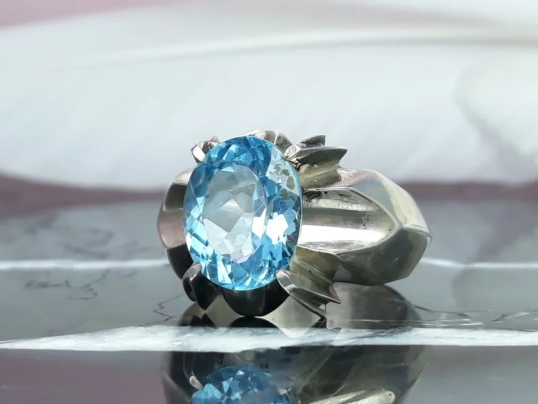 انگشتر نقره توپاز آبی رکاب دست ساز