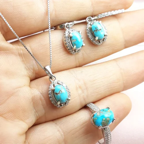 نیم ست نقره زنانه فیروزه نیشابور اصل همراه زنجیر