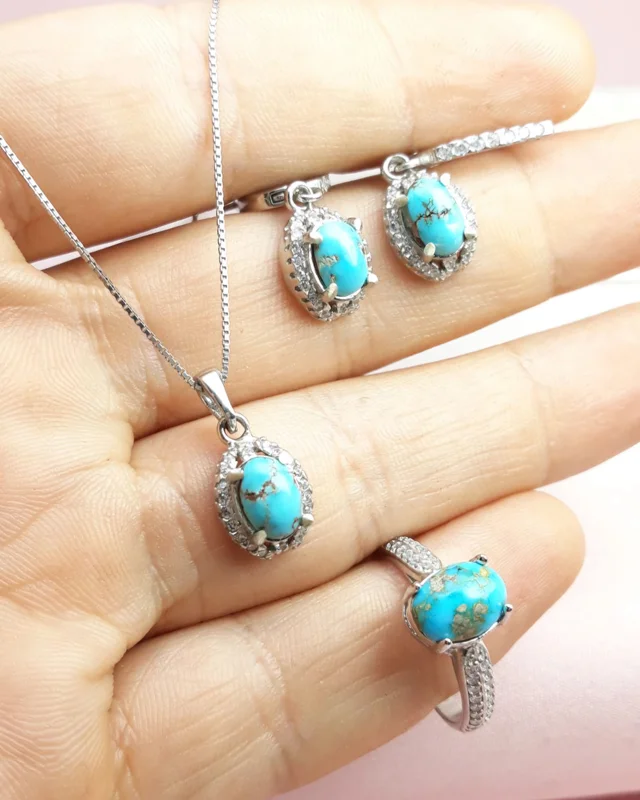 نیم ست نقره زنانه فیروزه نیشابور اصل همراه زنجیر