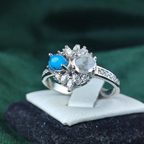 انگشتر نقره جواهری دو نگینه در نجف و فیروزه نیشابوری