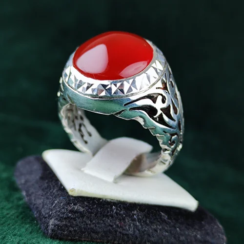 انگشتر نقره عقیق یمنی اصل رکاب فیلی دست ساز آینه کاری شده