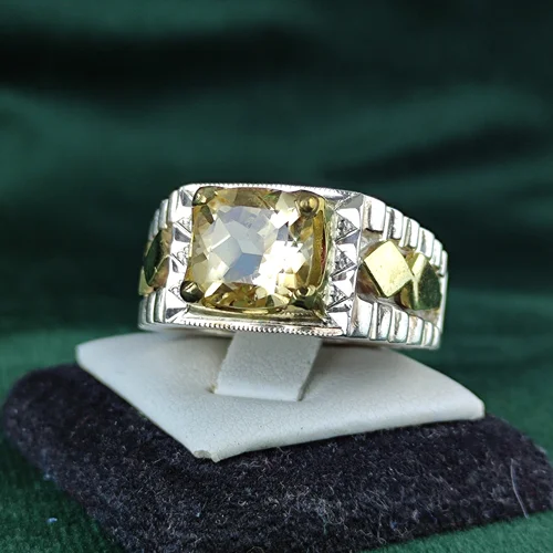 انگشتر نقره سیترین چهارگوش رکاب چهار چنگ دست ساز