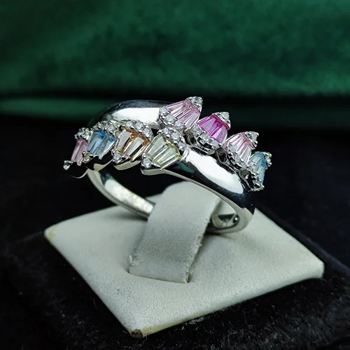 حلقه نقره جواهری باگت های رنگی زنانه