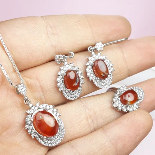 نیم ست نقره عقیق سرخ یمنی اصل روکش آب رادیوم